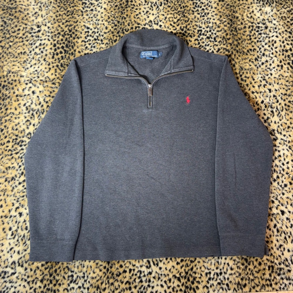Polo Ralph Lauren Quarter Zip Pullover Sweater Mens Large Charcoal Grey Red Pony